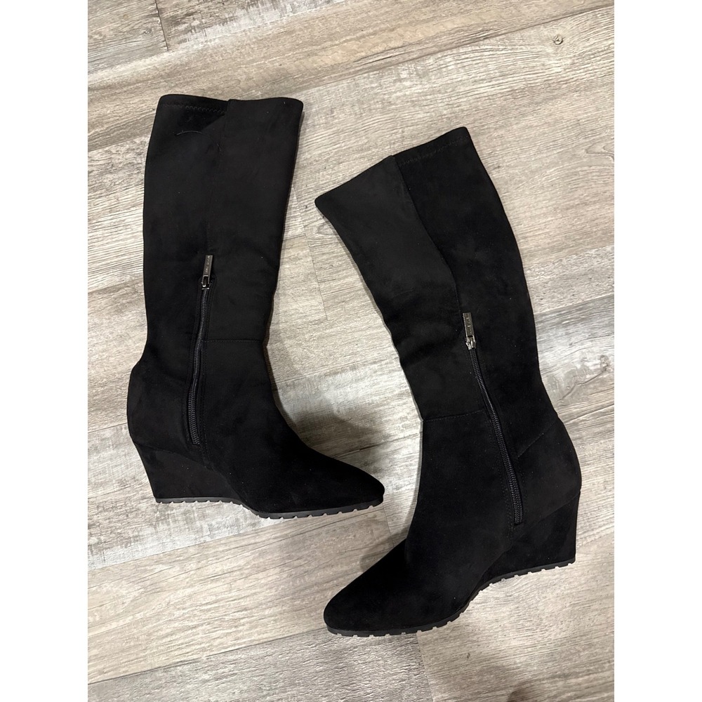 Anne Klein AKKENNEDY Black Suede Wedge Tall Boots Pointed Toe Size 5.5M NWT